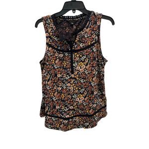 NWOT Lucky Brand Cotton Lace Top Black w/ Orange flowers Size MEDIUM